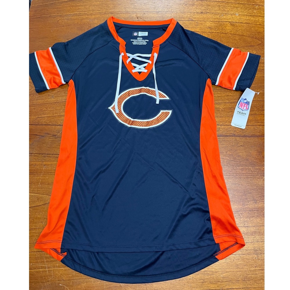 NFL Team Apparel Chicago Bears Women Lace Up Jersey Top Navy Orange Small NWT